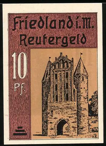 Notgeld Friedland i.M., 1921, 10 Pf, Reutergeld mit historischem Gebäude