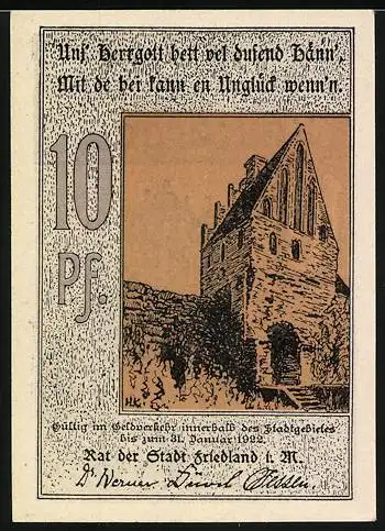 Notgeld Friedland i. M., 10 Pfg, Reutergeld mit historischem Gebäude und Inschrift