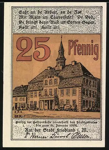 Notgeld Friedland i. M., 1922, 25 Pfennig, Reutergeld mit Burg und Rathaus Illustration