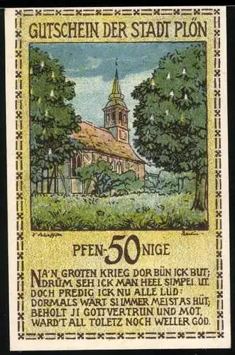 Notgeld Plön, 1921, 50 Pfennig, Gutschein der Stadt mit Kirche und Hans Adolf Gründer der Neustadt