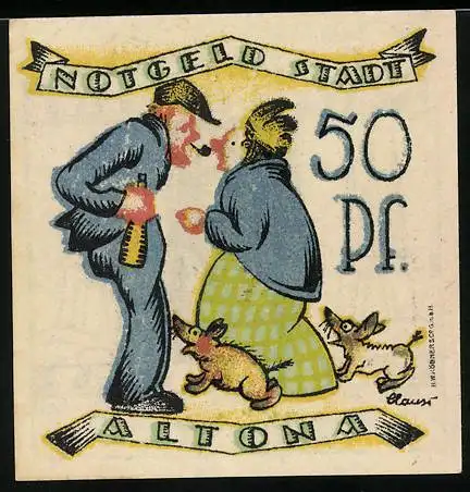 Notgeld Altona, 1921, 50 Pf, Mann und Frau mit Hunden, Türme und Gültigkeitsvermerk