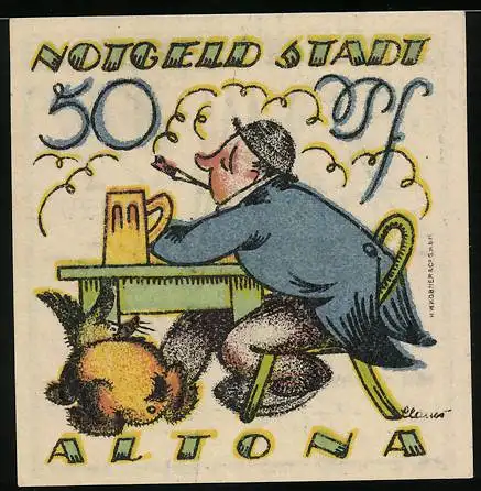 Notgeld Altona, 1921, 50 Pf, Trinkender Mann mit Bierkrug und Hund, Stadtwappen und Unterschriften