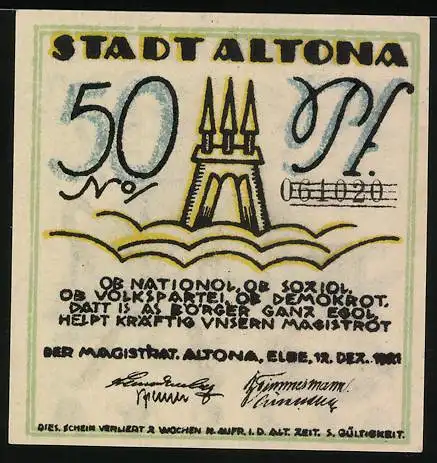 Notgeld Altona, 1921, 50 Pf, Trinkender Mann mit Bierkrug und Hund, Stadtwappen und Unterschriften