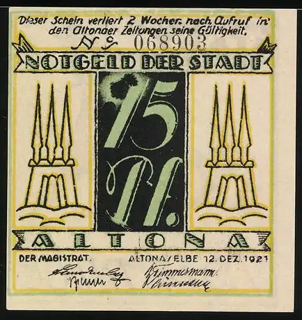 Notgeld Altona 1921, 75 Pfennige, bunte Zeichnung mit Mann im Hut und Vögeln