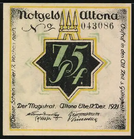 Notgeld Altona, 1921, 75 Pf, Magier mit Zylinderhut und Stern, Seriennummer 043086