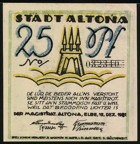 Notgeld Altona, 1921, 25 Pf, Mann mit Hund und Stadtwappen