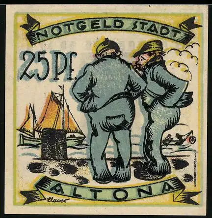 Notgeld Altona, 1921, 25 Pf., zwei Männer mit Boot, Rückseite drei Türme