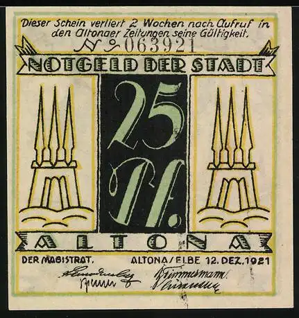 Notgeld Altona, 1921, 25 Pf., zwei Männer mit Boot, Rückseite drei Türme