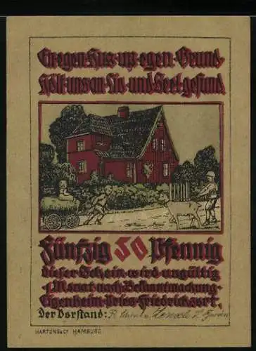 Notgeld Pries-Friedrichsort, 50 Pfennig, Rotes Haus und Bauernhof mit Schweinen in Stall, Text in deutscher Fraktur