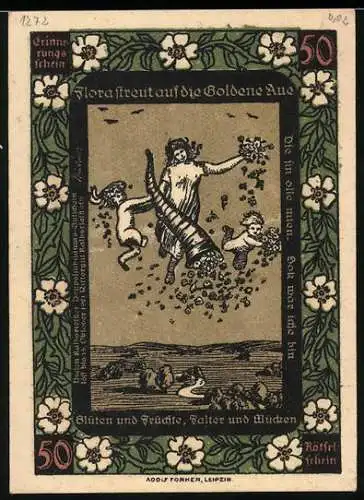 Notgeld Kalbsrieth, 1922, 50 Pfennig, Flora streut auf die Goldene Aue, Schiller verjubt obere Seite