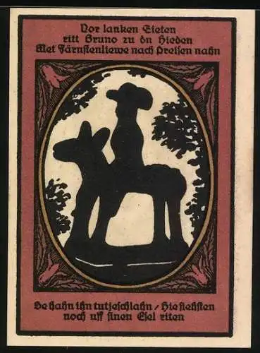 Notgeld Kalbsrieth, 1921, 50 Pfennig, Charlotte von Kalb Porträt und Reiter auf Esel Illustration