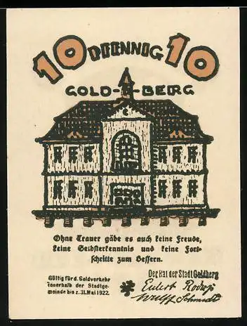 Notgeld Goldberg, 1921, 10 Pfennig, Gebäudeansicht und Stadtansicht mit Rauchschwaden