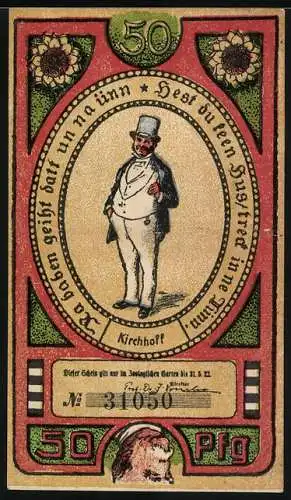 Notgeld Hamburg, 1922, 50 Pfennig, Zoologischer Garten mit Vögeln und Wasserfall, Mann in Anzug