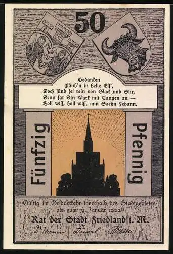 Notgeld Friedland i.M., 1921, 50 Pfennig, Reutergeld mit Stadtansicht und Gedicht