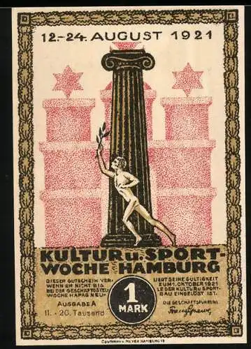 Notgeld Hamburg, 1921, 1 Mark, Kultur u. Sport-Woche mit Säule und Statue, Handels-Flagge und Statue