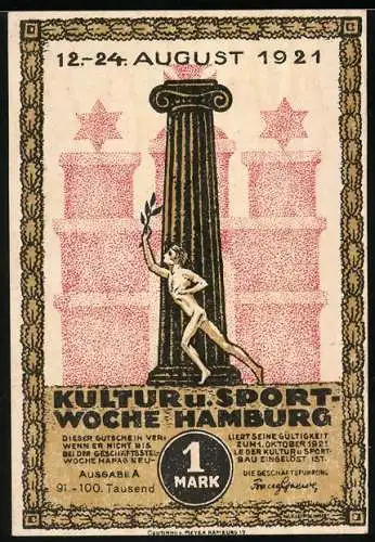 Notgeld Hamburg, 1921, 1 Mark, Kultur- und Sportwoche, Säule und Statue auf Vorderseite, Handelsflagge auf Rückseite