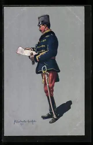 Künstler-AK A. Lüschwitz-Koreffski: Österreich-Ungarischer Husarenstabs-Offizier in Felduniform, 1914-15