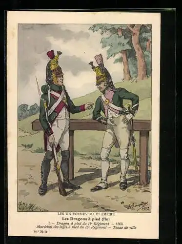 Künstler-AK Les Dragons à pied, Dragon à pied du 11° Régiment 1805, Maréchal des logis à pied du 15° Régiment