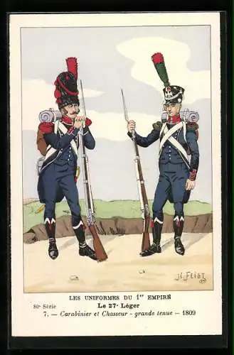 Künstler-AK Le 27° Léger, Carabinier et Chasseur, grande tenue, 1809