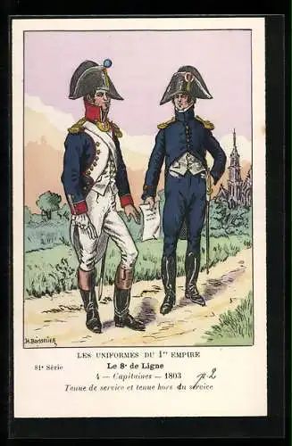 Künstler-AK Le 8° de Ligne, Capitaines, 1803, Tenue de service et tenue hors du service