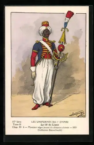 Künstler-AK Le 18° de Ligne, Musicien nègre jouant du chapeau-chinois, 1805