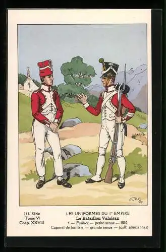 Künstler-AK La Bataillon Valaisan, Fusilier, petite tenue 1810, Caporal de fusiliers, grande tenue