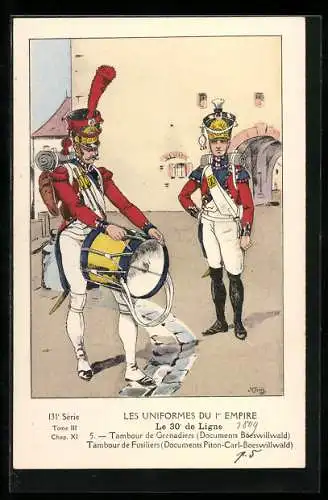 Künstler-AK Le 30° de Ligne, Tambour de Grenadiers, Tambour de Fusiliers