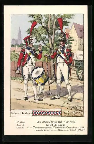 Künstler-AK Le 30° de Ligne, Tambour maitre et Tambour de Grenadiers 1809, grande tenue été