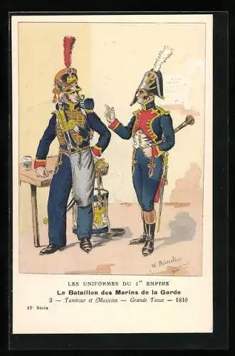 Künstler-AK Le Bataillon des Marins de la Garde, Tambour et Musicien, grand tenue 1810