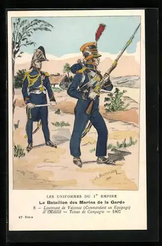 Künstler-AK Le Bataillon des Marins de la Garde, Lieutenant de Vaisseau (Commandant un Equipage) et Matelot, 1807