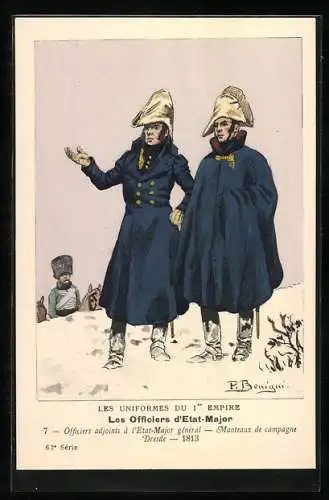 Künstler-AK Les Officiers d`Etat-Major, Officiers adjoints à l`Etat-Major général, Manteaux de campagne Dresde, 1813