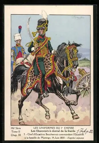 Künstler-AK Les Chasseurs à cheval de la Garde, Chef d`Escadron Beauharnais à la bataille de Marengo 1800