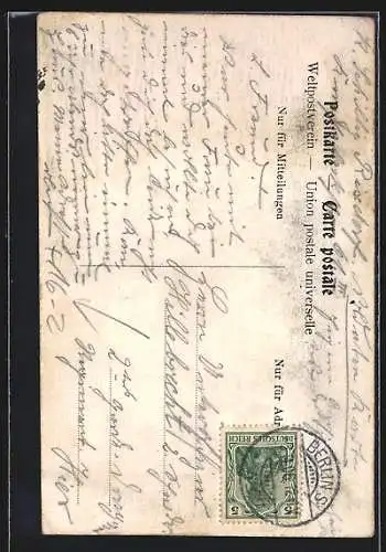 AK Berlin-Kreuzberg, Gasthaus F. Happolds Brauerei, Gartenansicht, Fliegendes Paar mit Reisegepäck
