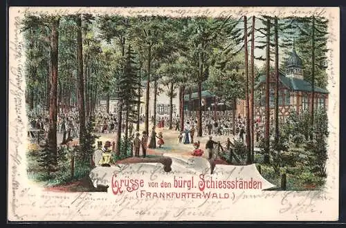 Lithographie Frankfurt-Niederrad, Frankfurter Wald, Gaststätte zu den bürgerlichen Schiessständen