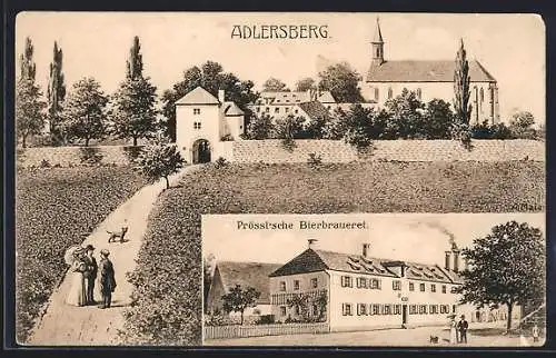 AK Adlersberg / Pettendorf, Prösslsche Bierbrauerei, Ortspanorama mit Kirche und Mauer