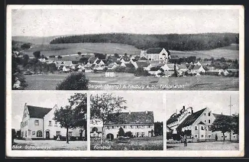 AK Bergen Neuburg / Neuburg, Brauerei Böhm, Forsthof, Bäckerei Scheuermayr, Totalansicht