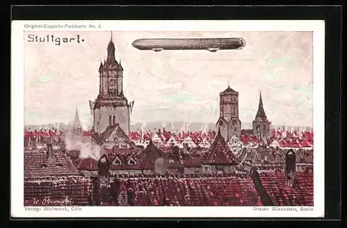 AK Zeppelin über Stuttgart, Original Zeppelin-Postkarte Nr. 6 des Stollwerck-Verlags