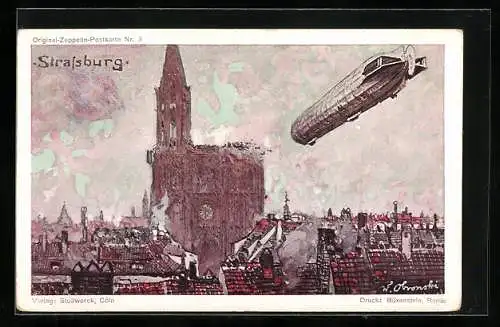 Künstler-AK Strassburg, Zeppelin über dem Münster, Reklame für Stollwerck
