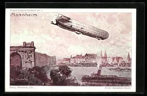 Künstler-AK Mannheim, Zeppelin über Dampfschiff mit Brücke - Zeppelin-Postkarte Nr. 4 von Stollwerck