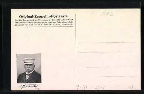 Künstler-AK Mannheim, Zeppelin über Dampfschiff mit Brücke - Zeppelin-Postkarte Nr. 4 von Stollwerck