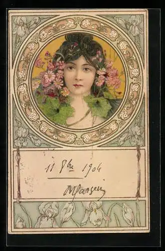 Künstler-AK sign. Kosa: Portrait einer jungen Frau zwischen Blumen im floralen Passepartout, Jugendstil