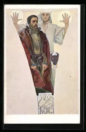 Künstler-AK Alphonse Mucha: La Force createure, Frau hält schützend die Hände über den Ritter