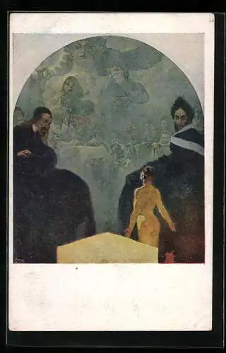 Künstler-AK Alphonse Mucha: La Benediction, Nackter Mann steht vor zwei Gelehrten