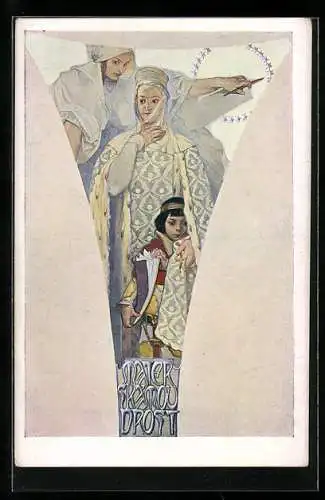 Künstler-AK Alphonse Mucha: La Sagesse maternelle, adlige Frau mit ihrem Sohn