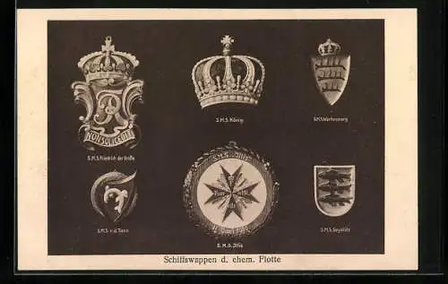 AK Schiffswappen der ehemaligen Flotte, SMS Iltis, SMS Seydlitz, SMS König, SMS v. d. Tann