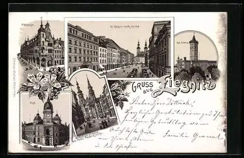 Vorläufer-Lithographie Liegnitz, 1894, Post, Kgl. Schloss, Passage, kl. Ring mit kath. Kirche