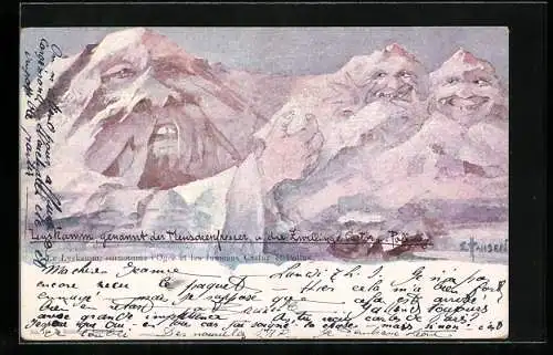 Künstler-AK sign. E. Hansen /Emil Nolde: Lyskamm und die Zwillinge Castor und Pollux, Berg mit Gesicht / Berggesichter