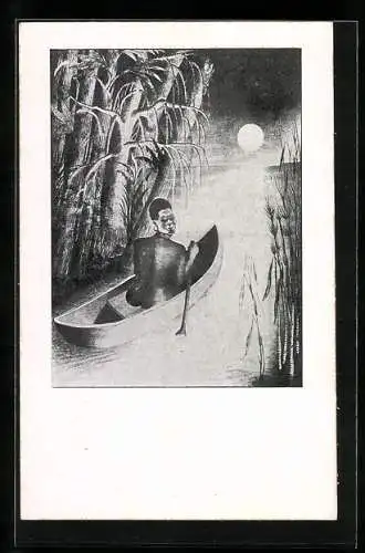 Künstler-AK sign. H. M. Davringhausen: Im Kanu, Afrikaner in heller Mondnacht auf einem Fluss, Bauhaus