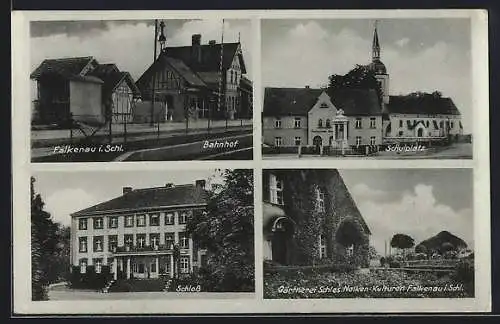 AK Falkenau i. Schl., Bahnhof, Schulplatz, Schloss, Gärtnerei Schles. Nelken-Kulturen