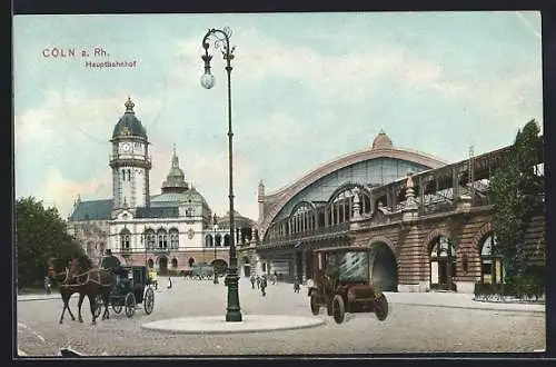 AK Köln a. Rh., Hauptbahnhof, Kutsche und Auto